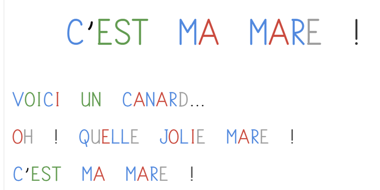 Exemple du même texte avec colorisation pédagogique des lettres et des sons