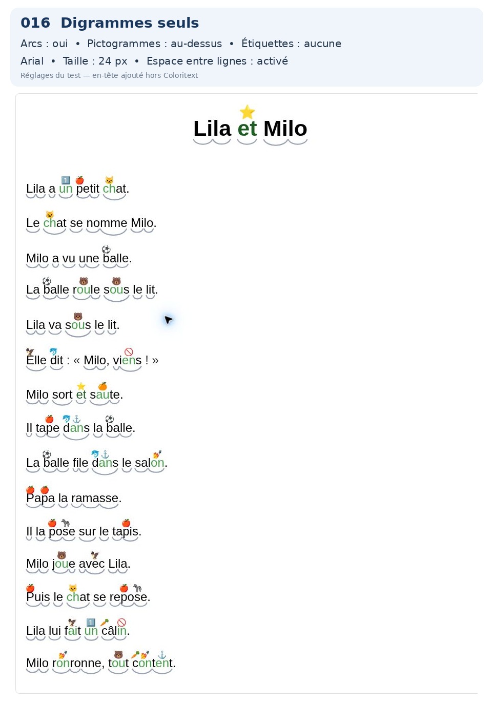 Exemple Coloritext : Digrammes, arcs syllabiques + pictogrammes au-dessus, pour adapter visuellement un texte de lecture