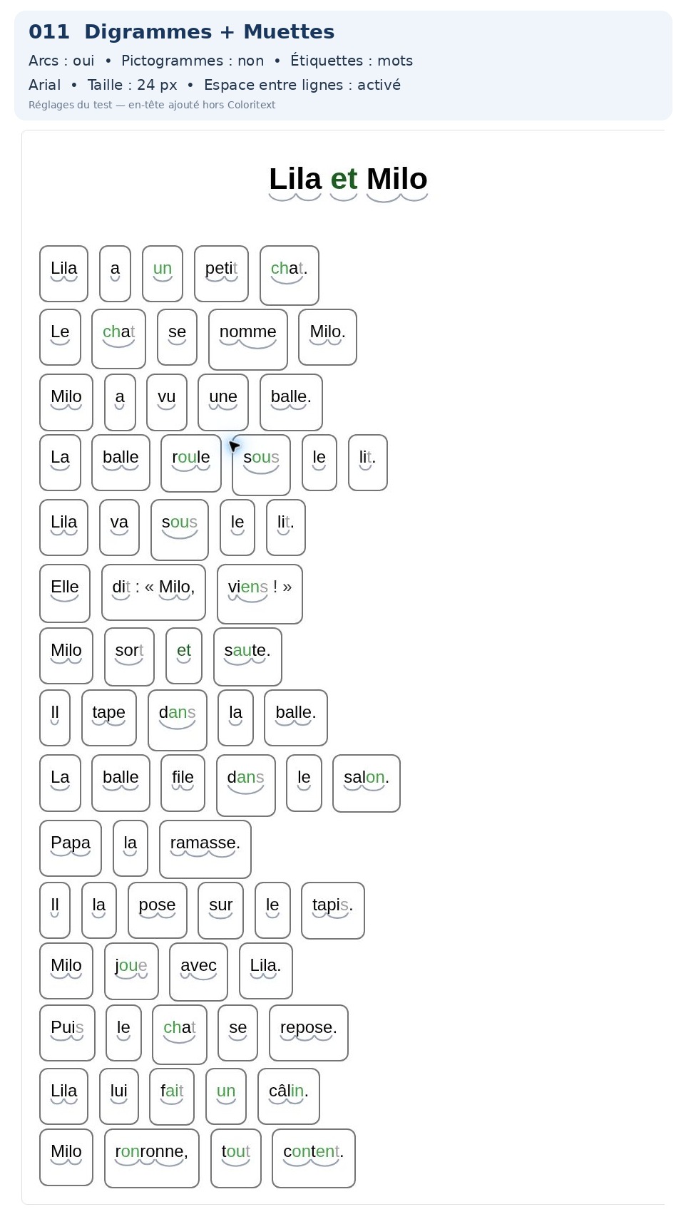 Exemple Coloritext : Digrammes + lettres muettes, arcs syllabiques + étiquettes mots, pour adapter visuellement un texte de lecture