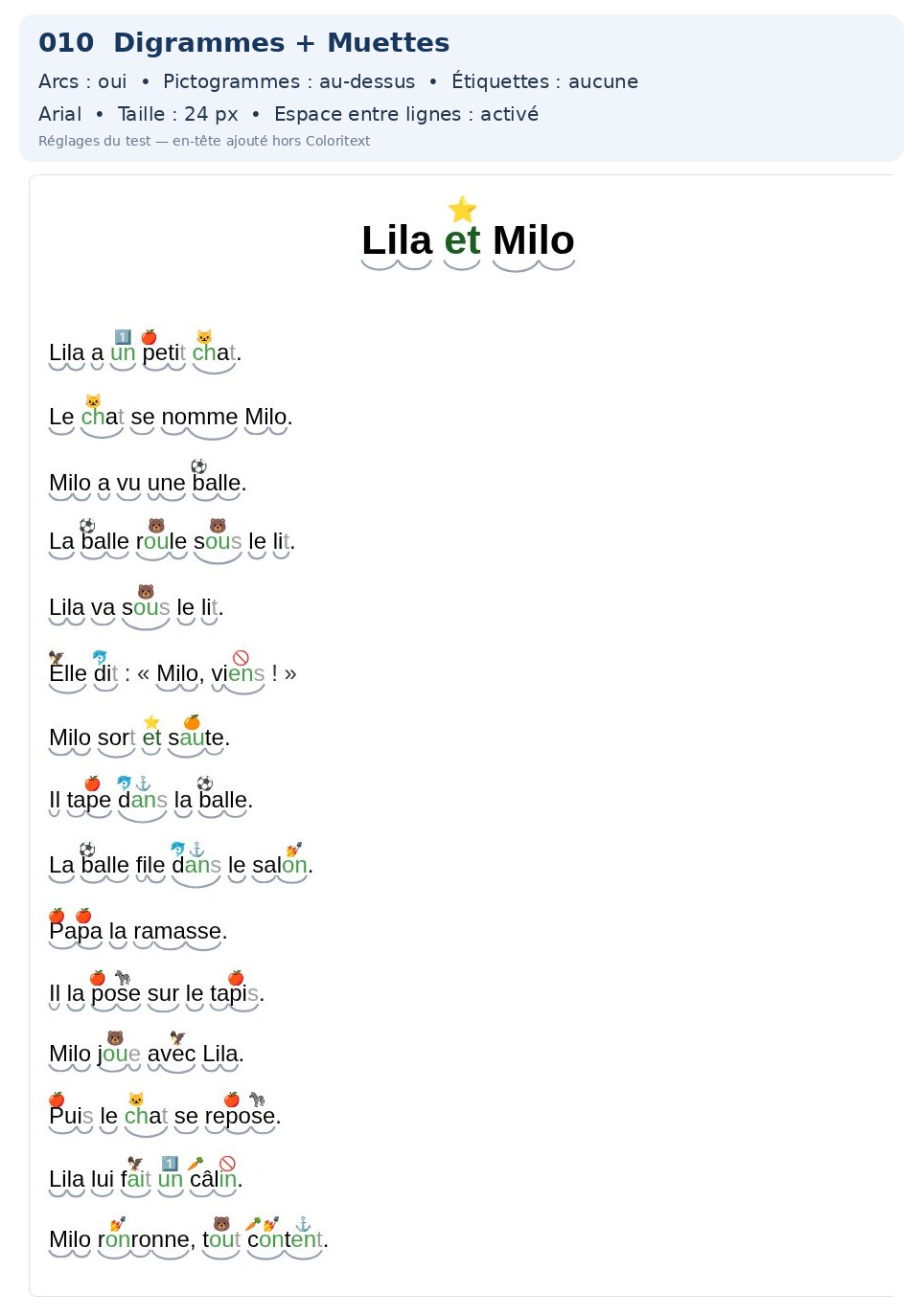 Exemple Coloritext : Digrammes + lettres muettes, arcs syllabiques + pictogrammes au-dessus, pour adapter visuellement un texte de lecture