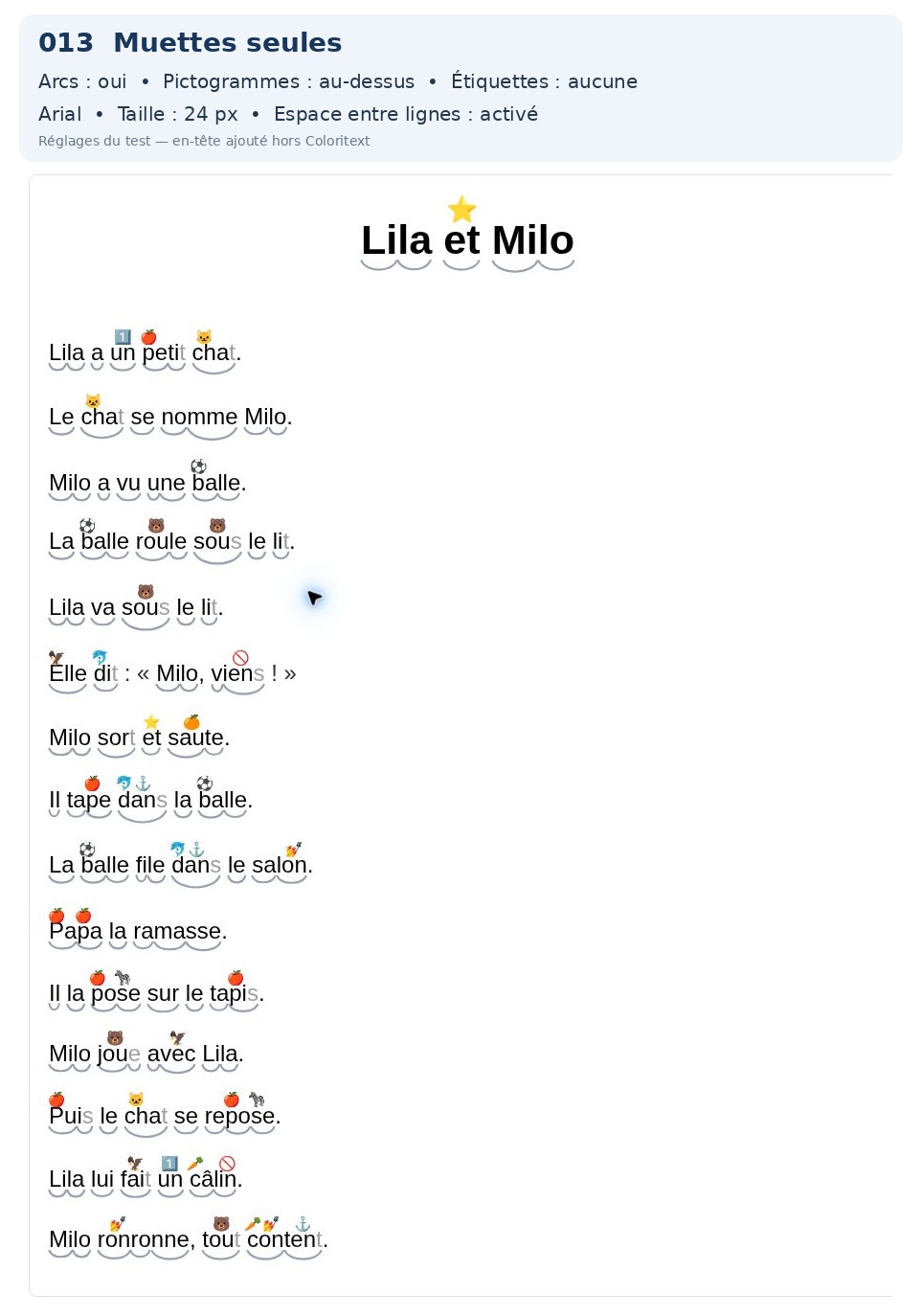 Exemple Coloritext : Lettres muettes, arcs syllabiques + pictogrammes au-dessus, pour adapter visuellement un texte de lecture