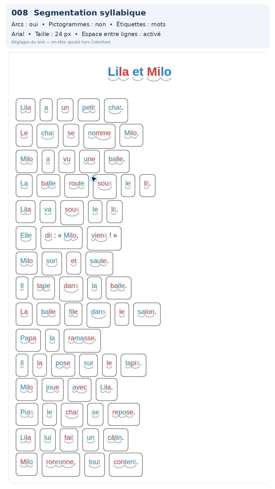 Exemple Coloritext : Segmentation syllabique, arcs syllabiques + étiquettes mots, pour adapter visuellement un texte de lecture