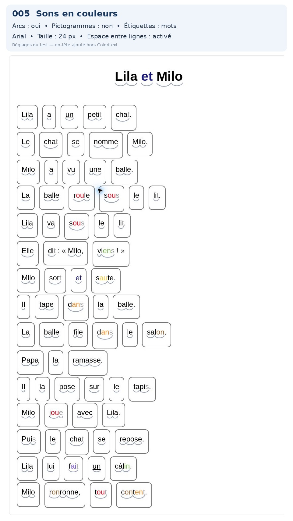 Exemple Coloritext : Sons en couleurs, arcs syllabiques + étiquettes mots, pour adapter visuellement un texte de lecture